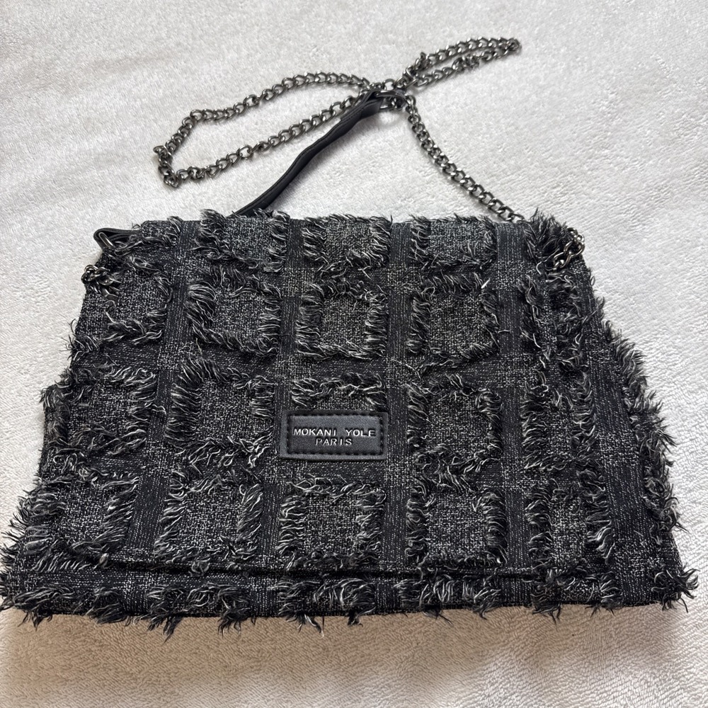 Mokani Yole Paris Black Frayed Tweed Texture Chain Shoulder Bag Grunge Y2K Purse